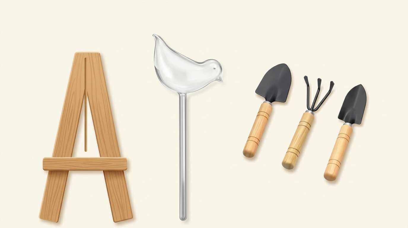 The Growing Kit: a wooden easel, a clear glass watering bird and three wooden-handled mini gardening tools
