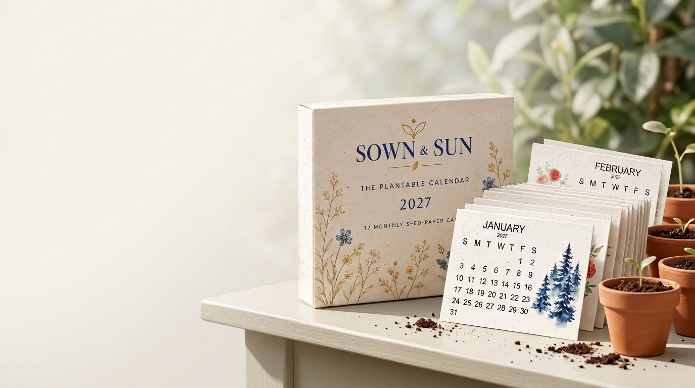 Sown & Sun ivory botanical calendar box with illustrated 2027 seed-paper cards