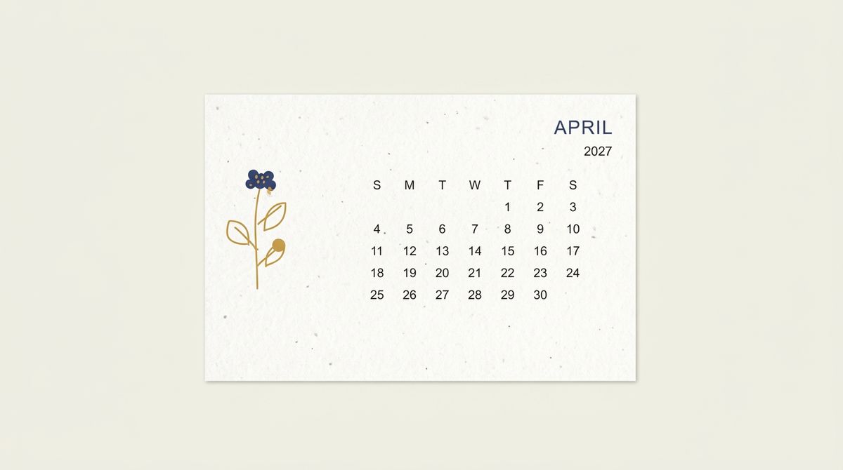 April 2027 calendar card with blue and gold botanical artwork