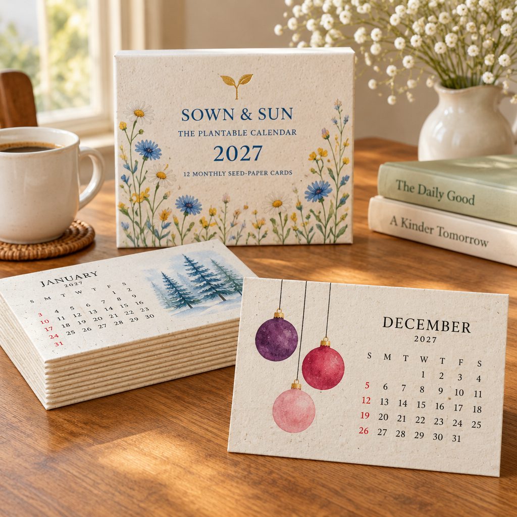 The SOWN & SUN gift box above all twelve monthly seed-paper calendar cards