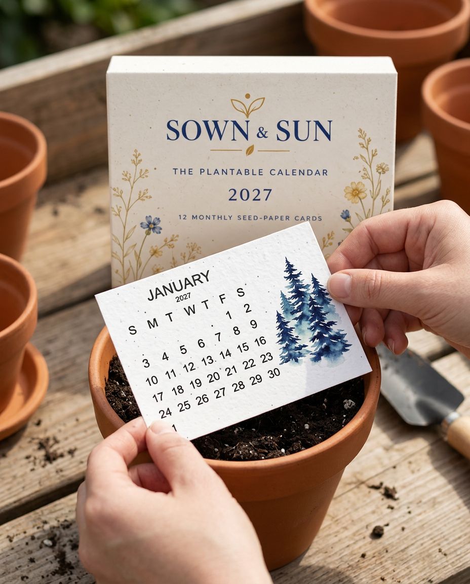 A calendar card being planted in a pot